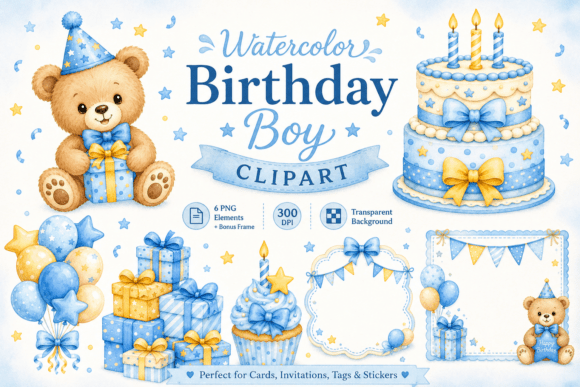 Download Watercolor Birthday Boy Card Elements - Premium Resources